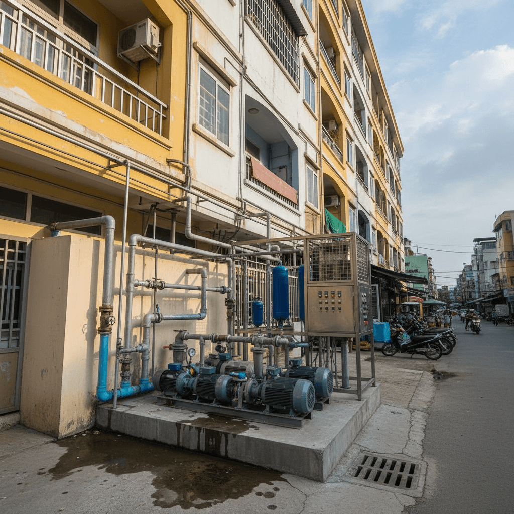 Hệ thống bơm nước và đường ống cấp thoát nước chung cư tại Bình Thạnh